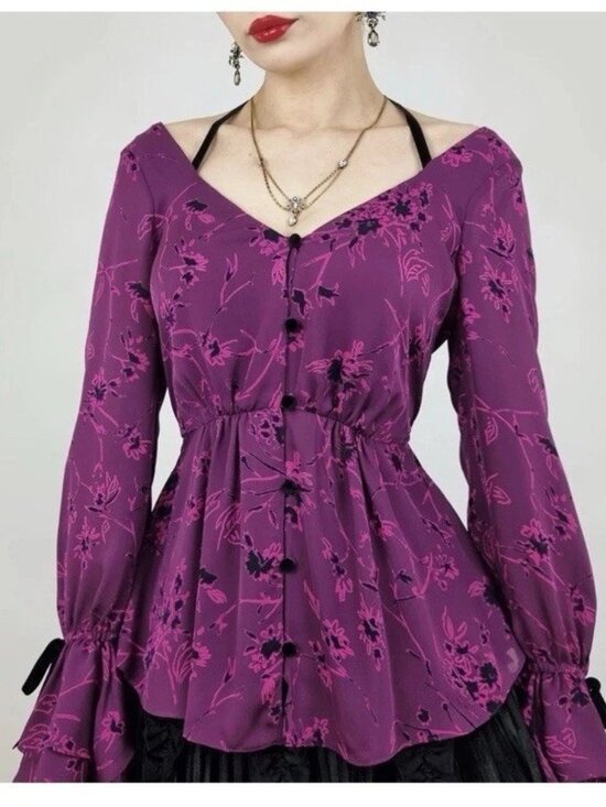 CINQ A SEPT Size Medium MABEL PURPLE FLORAL SILK BLACK VELVET RUFFLE BLOUSE TOP - Picture 2 of 16